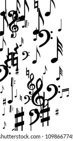 Musical Notes on White Background.  Vertical Orientation. Many Random Falling Bass, Treble Clef and Notes. Vector Musical Symbols.  Abstract White and Black Vector Background. Jazz Background. 