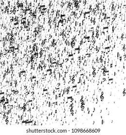 Musical Notes on White Background.  Many Random Falling Notes, Bass and Treble Clef. Vector Musical Symbols.  Jazz Background. Abstract White and Black Vector Background.