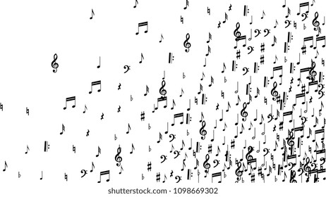 Musical Notes on White Background.  Many Random Falling Notes, Bass and Treble Clef. Vector Musical Symbols.  Jazz Background. Abstract White and Black Vector Background.