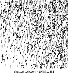Musical Notes on White Background.  Many Random Falling Notes, Bass and Treble Clef. Vector Musical Symbols.  Jazz Background. Abstract Black and White Vector Background.