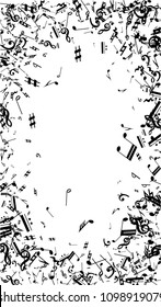 Musical Notes on White Background.  Vertical Orientation. Many Random Falling Bass, Treble Clef and Notes. Vector Musical Symbols.  Jazz Background. Abstract White and Black Vector Background.