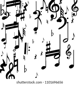 Musical Notes on White Background.  Many Random Falling Notes, Bass and Treble Clef. Vector Musical Symbols.  Jazz Background. Abstract Black and White Vector Background.