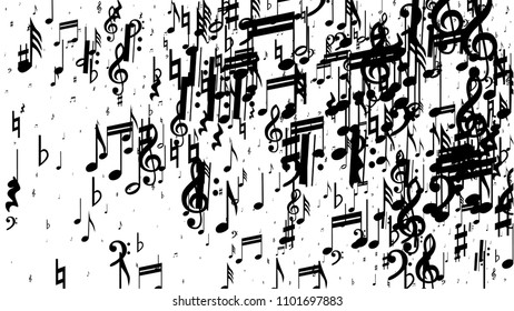 Musical Notes on White Background.  Many Random Falling Notes, Bass and Treble Clef. Vector Musical Symbols.  Jazz Background. Abstract Black and White Vector Background.