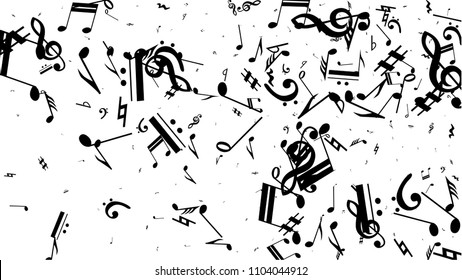 Musical Notes on White Background.  Many Random Falling Notes, Bass and Treble Clef. Vector Musical Symbols.  Jazz Background. Abstract White and Black Vector Background.