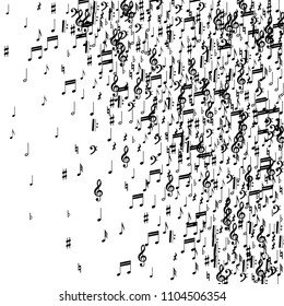 Musical Notes on White Background.  Many Random Falling Bass, Treble Clef and Notes. Vector Musical Symbols.  Jazz Background. Abstract Black and White Vector Background.