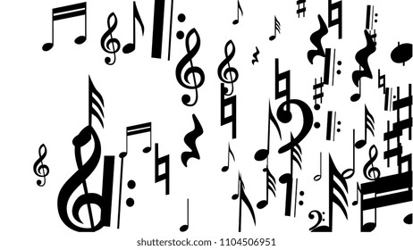 Musical Notes on White Background.  Many Random Falling Bass, Treble Clef and Notes. Vector Musical Symbols.  Jazz Background. Abstract White and Black Vector Background.