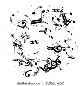 Musical Notes on White Background.  Many Random Falling Notes, Bass and Treble Clef. Vector Musical Symbols.  Jazz Background. Abstract Black and White Vector Background.