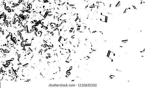Musical Notes on White Background.  Many Random Falling Notes, Bass and Treble Clef. Vector Musical Symbols.  Abstract White and Black Vector Background. Jazz Background. 
