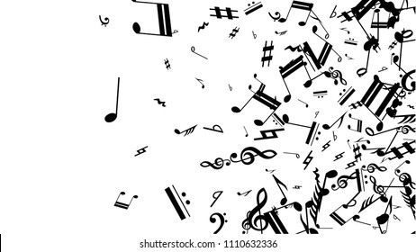 Musical Notes on White Background.  Many Random Falling Notes, Bass and Treble Clef. Vector Musical Symbols.  Jazz Background. Abstract White and Black Vector Background.