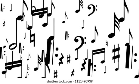 Musical Notes on White Background.  Many Random Falling Notes, Bass and Treble Clef. Vector Musical Symbols.  Jazz Background. Abstract White and Black Vector Background.