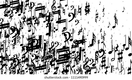 Musical Notes on White Background.  Many Random Falling Bass, Treble Clef and Notes. Vector Musical Symbols.  Jazz Background. Abstract Black and White Vector Background.