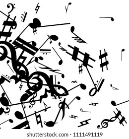 Musical Notes on White Background.  Many Random Falling Notes, Bass and Treble Clef. Vector Musical Symbols.  Abstract White and Black Vector Background. Jazz Background. 