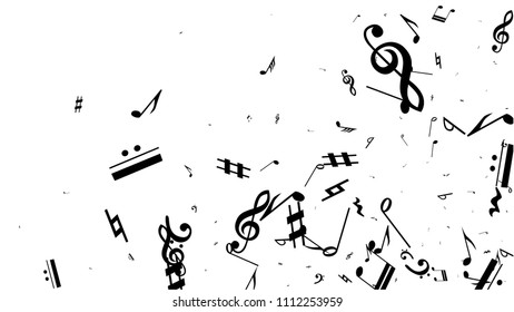 Musical Notes on White Background.  Many Random Falling Bass, Treble Clef and Notes. Vector Musical Symbols.  Abstract White and Black Vector Background. Jazz Background. 