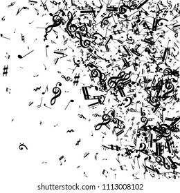 Musical Notes on White Background.  Many Random Falling Bass, Treble Clef and Notes. Vector Musical Symbols.  Jazz Background. Abstract Black and White Vector Background.