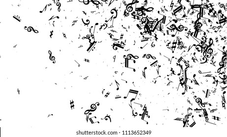 Musical Notes on White Background.  Many Random Falling Notes, Bass and Treble Clef. Vector Musical Symbols.  Jazz Background. Abstract Black and White Vector Background.