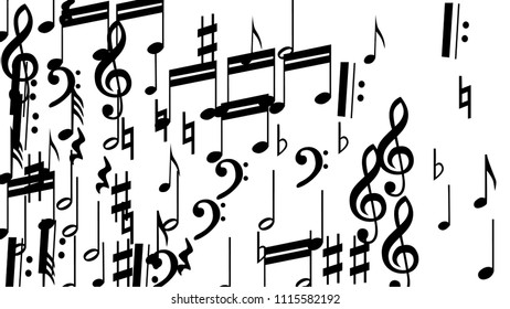 Musical Notes on White Background.  Many Random Falling Bass, Treble Clef and Notes. Vector Musical Symbols.  Jazz Background. Abstract Black and White Vector Background.