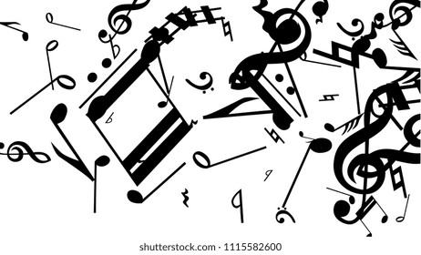 Musical Notes on White Background.  Many Random Falling Bass, Treble Clef and Notes. Vector Musical Symbols.  Abstract White and Black Vector Background. Jazz Background. 