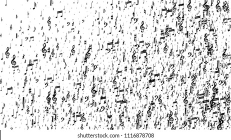 Musical Notes on White Background.  Many Random Falling Bass, Treble Clef and Notes. Vector Musical Symbols.  Jazz Background. Abstract Black and White Vector Background.