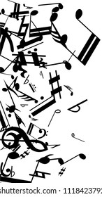 Musical Notes on White Background.  Vertical Orientation. Many Random Falling Notes, Bass and Treble Clef. Vector Musical Symbols.  Abstract White and Black Vector Background. Jazz Background. 
