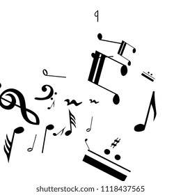 Musical Notes on White Background.  Many Random Falling Bass, Treble Clef and Notes. Vector Musical Symbols.  Abstract White and Black Vector Background. Jazz Background. 