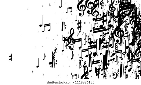 Musical Notes on White Background.  Many Random Falling Bass, Treble Clef and Notes. Vector Musical Symbols.  Abstract White and Black Vector Background. Jazz Background. 