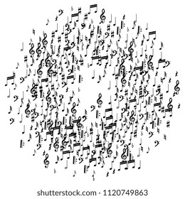 Musical Notes on White Background.  Many Random Falling Notes, Bass and Treble Clef. Vector Musical Symbols.  Jazz Background. Abstract White and Black Vector Background.