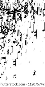 Musical Notes on White Background.  Vertical Orientation. Many Random Falling Bass, Treble Clef and Notes. Vector Musical Symbols.  Jazz Background. Abstract White and Black Vector Background.