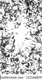 Musical Notes on White Background.  Vertical Orientation. Many Random Falling Notes, Bass and Treble Clef. Vector Musical Symbols.  Jazz Background. Abstract White and Black Vector Background.