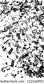 Musical Notes on White Background.  Vertical Orientation. Many Random Falling Notes, Bass and Treble Clef. Vector Musical Symbols.  Jazz Background. Abstract White and Black Vector Background.