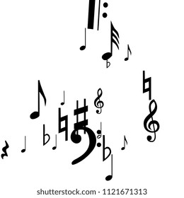 Musical Notes on White Background.  Many Random Falling Bass, Treble Clef and Notes. Vector Musical Symbols.  Jazz Background. Abstract Black and White Vector Background.