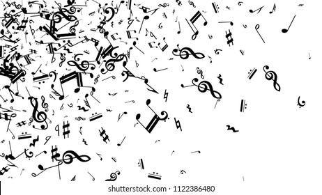 Musical Notes on White Background.  Many Random Falling Notes, Bass and Treble Clef. Vector Musical Symbols.  Jazz Background. Abstract White and Black Vector Background.