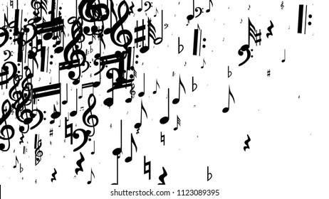 Musical Notes on White Background.  Many Random Falling Notes, Bass and Treble Clef. Vector Musical Symbols.  Abstract White and Black Vector Background. Jazz Background. 