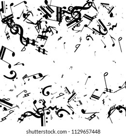 Musical Notes on White Background.  Many Random Falling Notes, Bass and Treble Clef. Vector Musical Symbols.  Abstract White and Black Vector Background. Jazz Background. 