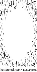 Musical Notes on White Background.  Vertical Orientation. Many Random Falling Notes, Bass and Treble Clef. Vector Musical Symbols.  Jazz Background. Abstract Black and White Vector Background.