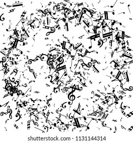 Musical Notes on White Background.  Many Random Falling Bass, Treble Clef and Notes. Vector Musical Symbols.  Jazz Background. Abstract White and Black Vector Background.