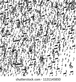 Musical Notes on White Background.  Many Random Falling Bass, Treble Clef and Notes. Vector Musical Symbols.  Jazz Background. Abstract White and Black Vector Background.