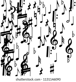 Musical Notes on White Background.  Many Random Falling Notes, Bass and Treble Clef. Vector Musical Symbols.  Jazz Background. Abstract White and Black Vector Background.