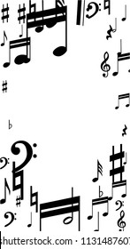 Musical Notes on White Background.  Vertical Orientation. Many Random Falling Bass, Treble Clef and Notes. Vector Musical Symbols.  Abstract White and Black Vector Background. Jazz Background. 