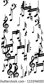 Musical Notes on White Background.  Vertical Orientation. Many Random Falling Bass, Treble Clef and Notes. Vector Musical Symbols.  Abstract White and Black Vector Background. Jazz Background. 