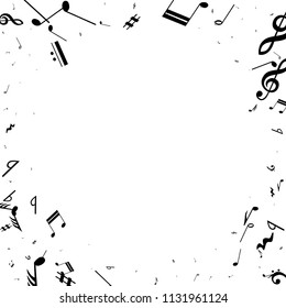 Musical Notes on White Background.  Many Random Falling Bass, Treble Clef and Notes. Vector Musical Symbols.  Abstract White and Black Vector Background. Jazz Background. 