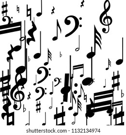 Musical Notes on White Background.  Many Random Falling Bass, Treble Clef and Notes. Vector Musical Symbols.  Abstract White and Black Vector Background. Jazz Background. 
