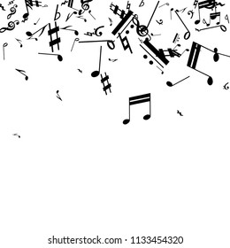 Musical Notes on White Background.  Many Random Falling Bass, Treble Clef and Notes. Vector Musical Symbols.  Jazz Background. Abstract Black and White Vector Background.