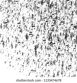 Musical Notes on White Background.  Many Random Falling Bass, Treble Clef and Notes. Vector Musical Symbols.  Abstract White and Black Vector Background. Jazz Background. 