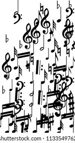 Musical Notes on White Background.  Vertical Orientation. Many Random Falling Bass, Treble Clef and Notes. Vector Musical Symbols.  Abstract White and Black Vector Background. Jazz Background. 