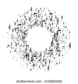 Musical Notes on White Background.  Many Random Falling Notes, Bass and Treble Clef. Vector Musical Symbols.  Jazz Background. Abstract White and Black Vector Background.