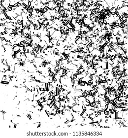 Musical Notes on White Background.  Many Random Falling Bass, Treble Clef and Notes. Vector Musical Symbols.  Abstract White and Black Vector Background. Jazz Background. 