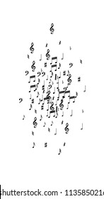 Musical Notes on White Background.  Vertical Orientation. Many Random Falling Notes, Bass and Treble Clef. Vector Musical Symbols.  Jazz Background. Abstract Black and White Vector Background.