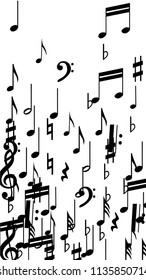 Musical Notes on White Background.  Vertical Orientation. Many Random Falling Bass, Treble Clef and Notes. Vector Musical Symbols.  Jazz Background. Abstract Black and White Vector Background.