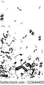 Musical Notes on White Background.  Vertical Orientation. Many Random Falling Bass, Treble Clef and Notes. Vector Musical Symbols.  Jazz Background. Abstract Black and White Vector Background.