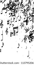 Musical Notes on White Background.  Vertical Orientation. Many Random Falling Bass, Treble Clef and Notes. Vector Musical Symbols.  Abstract White and Black Vector Background. Jazz Background. 